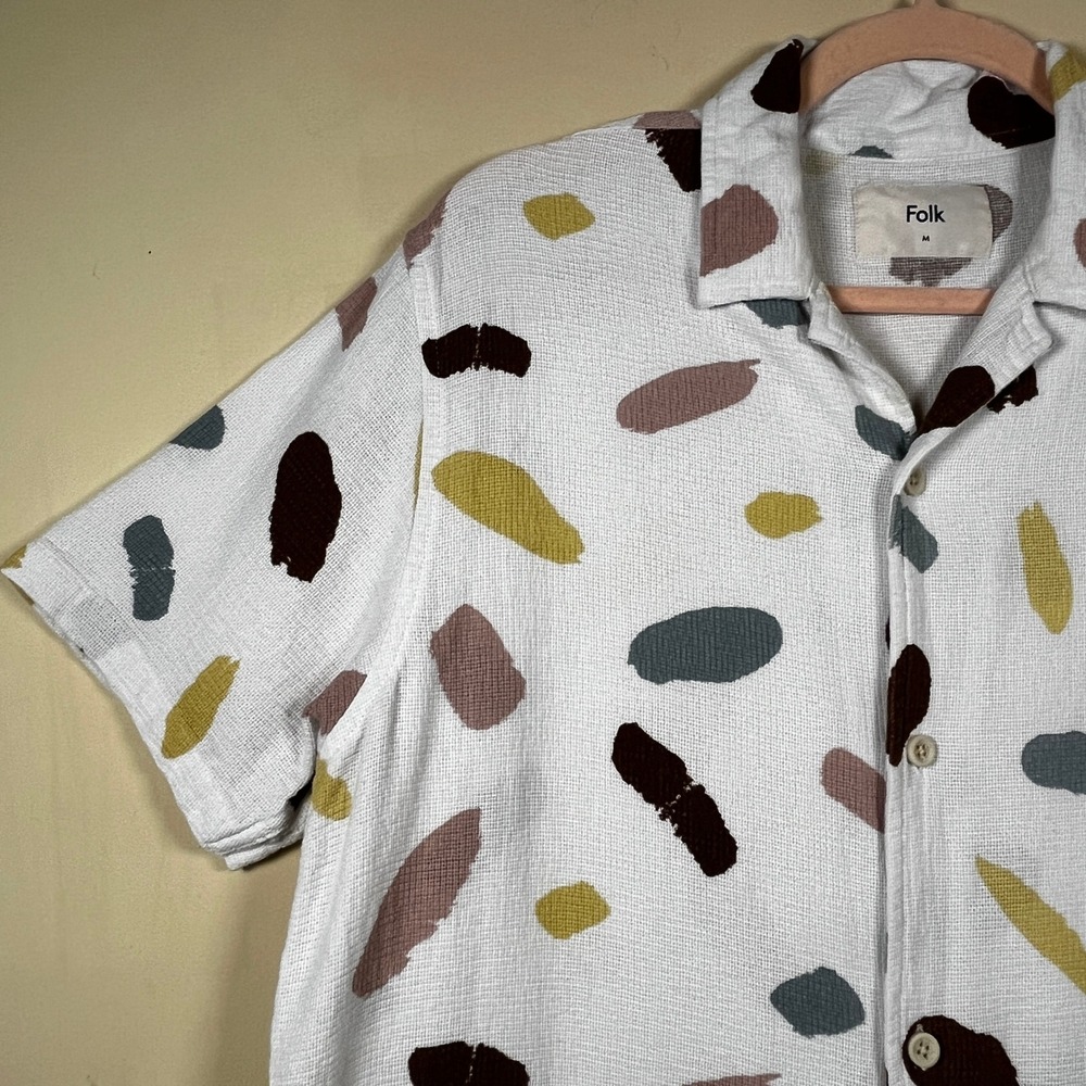 Folk Mens Contour Green Revere Collar Printed Shirt M Abstract Brushstroke Artsy - Picture 4 of 8